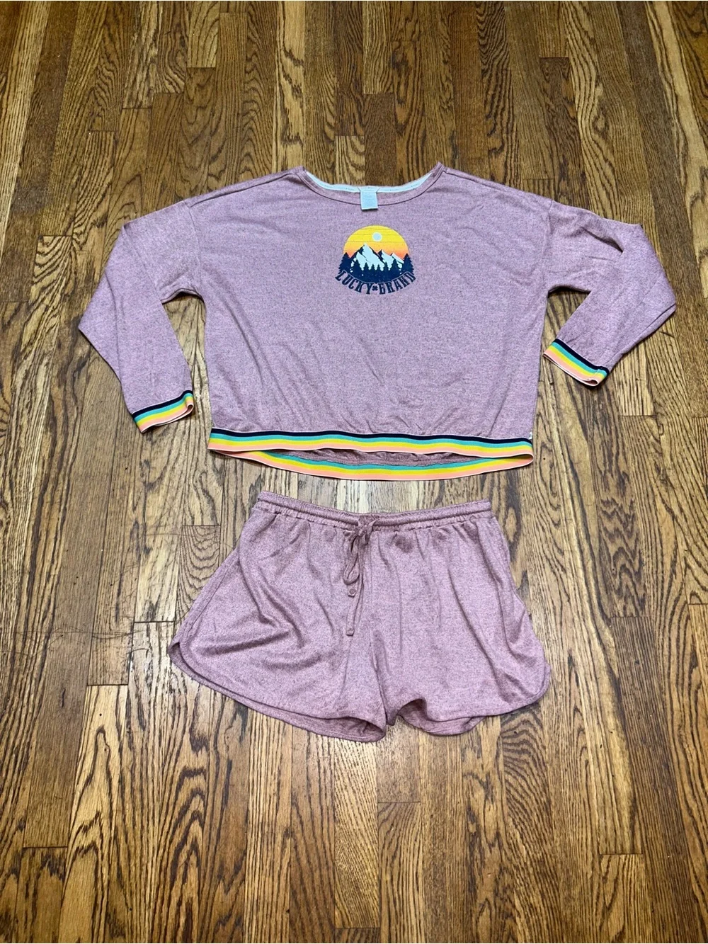 Lucky Brand 2-Piece Lounge Pajama Set Size Large Mauve Rainbow Trim